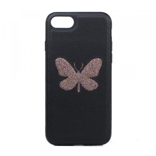 Wholesale iPhone 8 / 7 Glitter Butterfly Fashion PU Leather Case (Black)